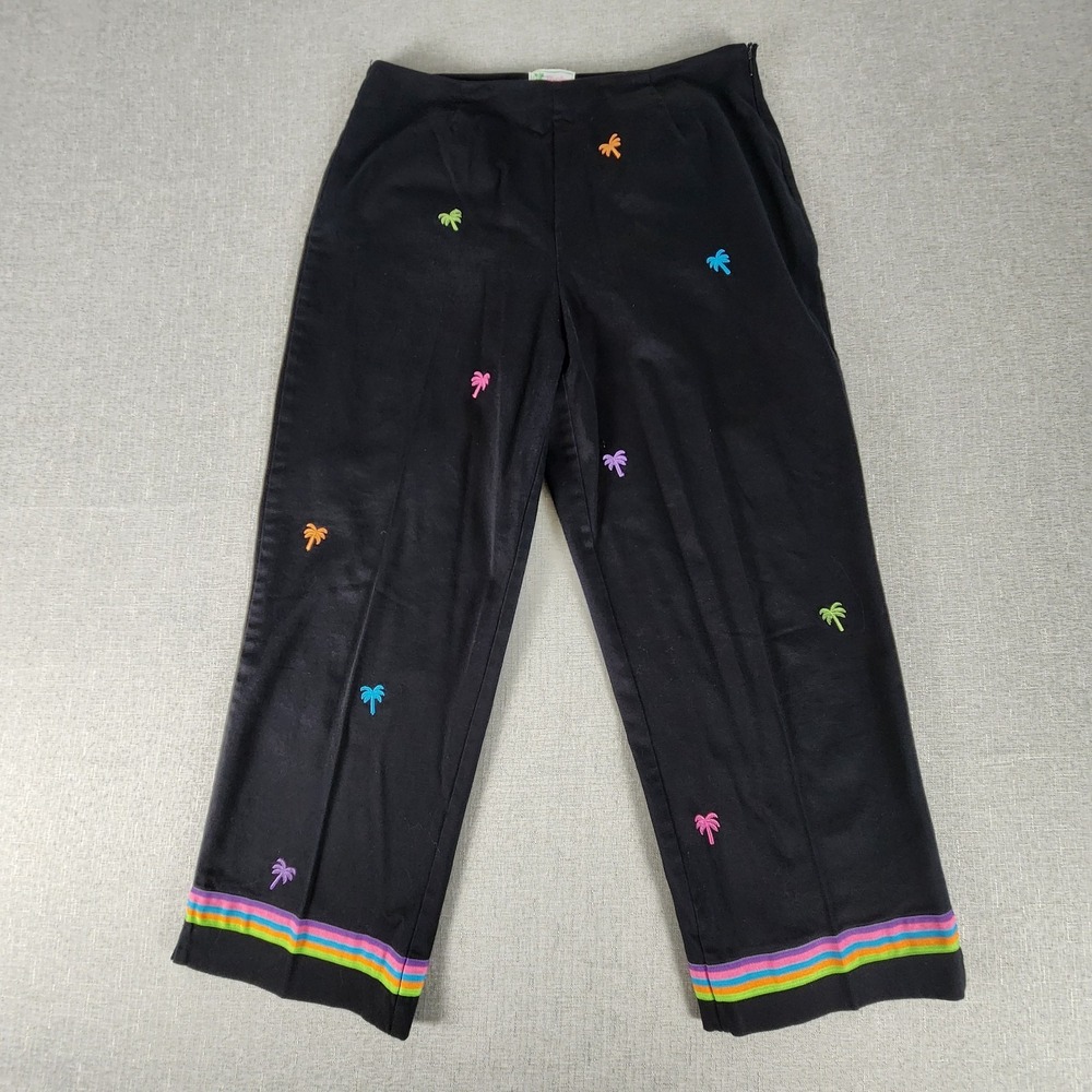 BAMBOO TRADERS Petite Women P10 Embroidered Palm Trees Black Stretch Capri Pants